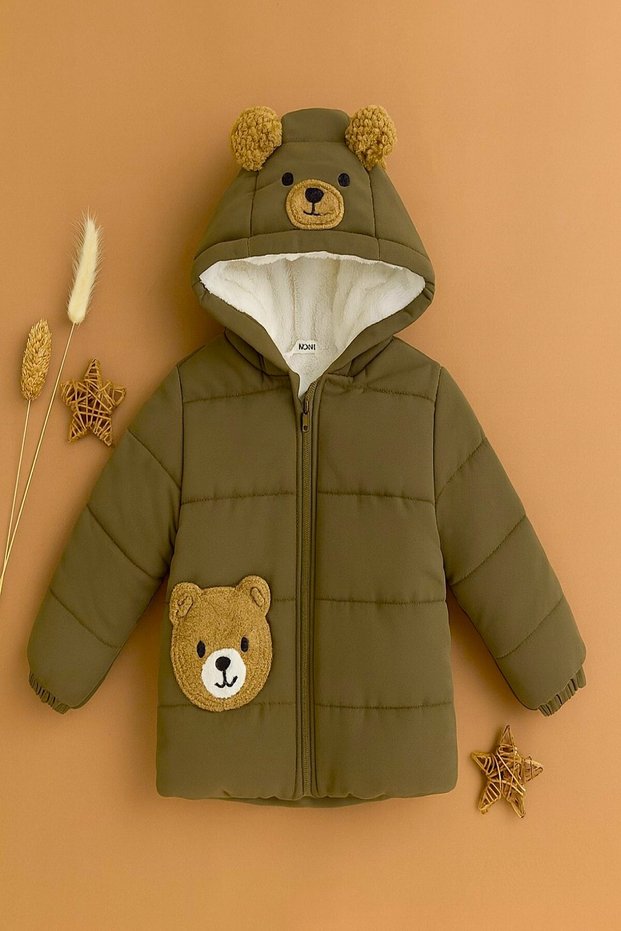 New Season Cute Teddy Bear Ears Pocketed Fur Lined Zippered Hooded Thick Winter Coat-Jacket