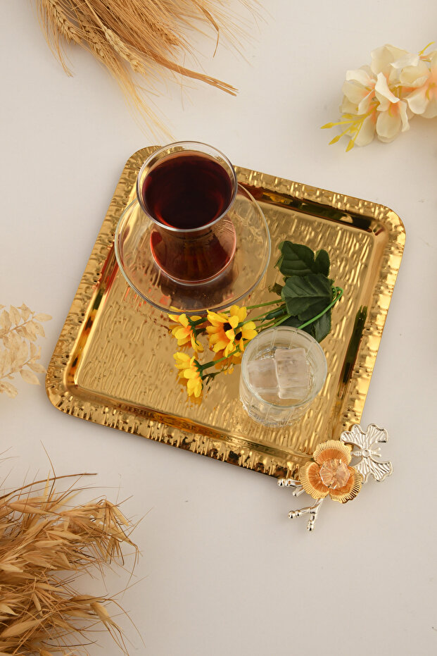 Oslo Gold Stainless Patterned Square Corner Serving Tray with Butterfly Stone Detail, Set of 1, Coffee Tea Presentation Tray