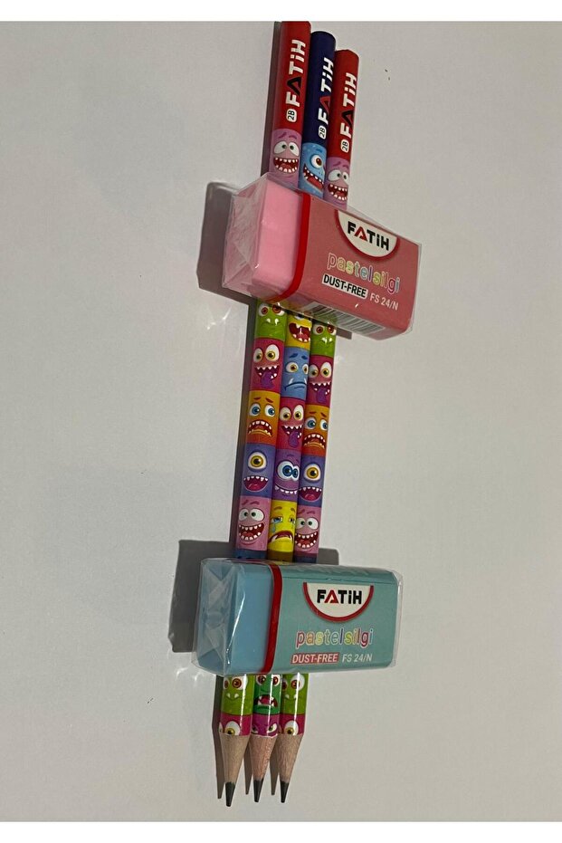 3-Piece Pencil with Emoji Print and 2-Piece Pastel Eraser