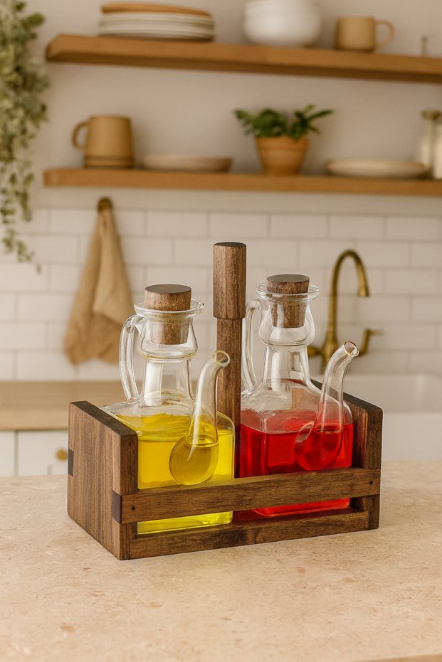 Wooden Stand Borosilicate Glass Olive Oil & Vinegar Dispenser Set 200 ml