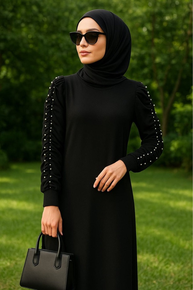 İnci İşlemeli Triko Elbise - 1