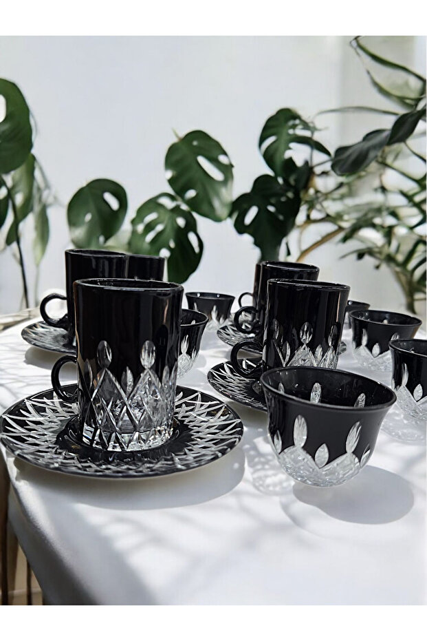 Cut Crystal Glass Tea and Mirra Set - Arabic Coffee Set Tea Set 18 Pieces for 6 People