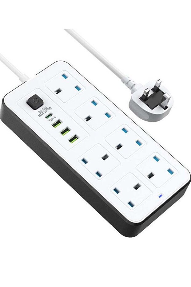 شريط طاقة 10 في 1 بقوة 2500 واط - 6 منافذ تيار متردد + 3 منافذ USB + USB-C PD، شحن تلقائي 3.4 أمبير، كابل بطول 5 أمتار (أبيض)