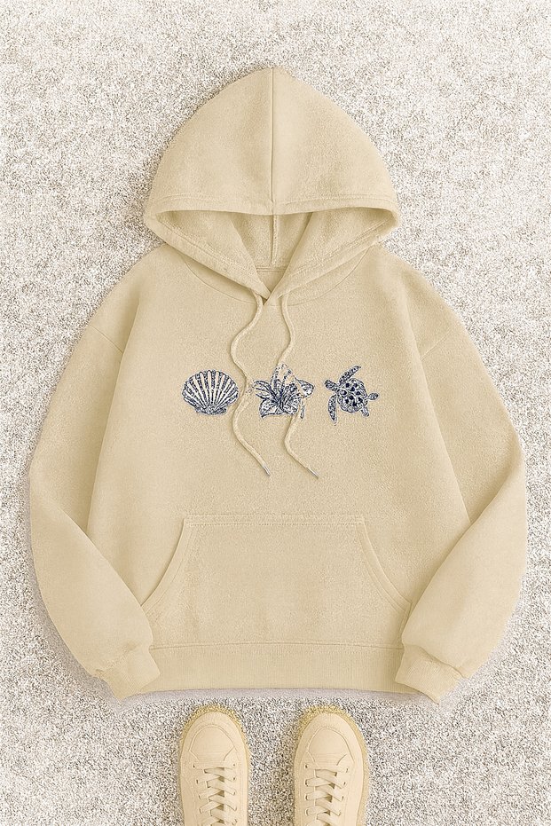 Hooded Kangaroo Pocket Oversized Sweatshirt Sea Shell Floral Turtle Print Casual Daily