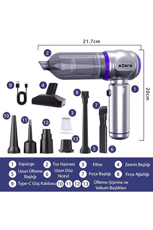 7800 mAh Güçlendirilmiş Pil 20000pa Güçlü Portatif Vakumlu Kablosuz Üflemeli Mini Araç Süpürgesi - 9