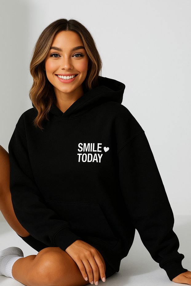 Women's Hooded Kangaroo Pocket Oversize Sweatshirt with Smile Today Lettering on Front Casual Daily Style