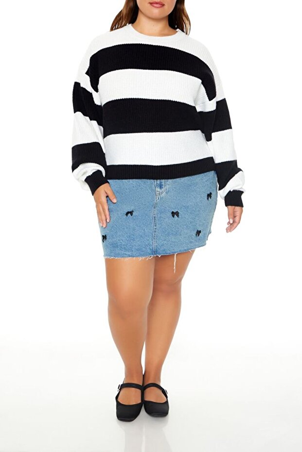 Plus Size Çizgili Kazak - 4