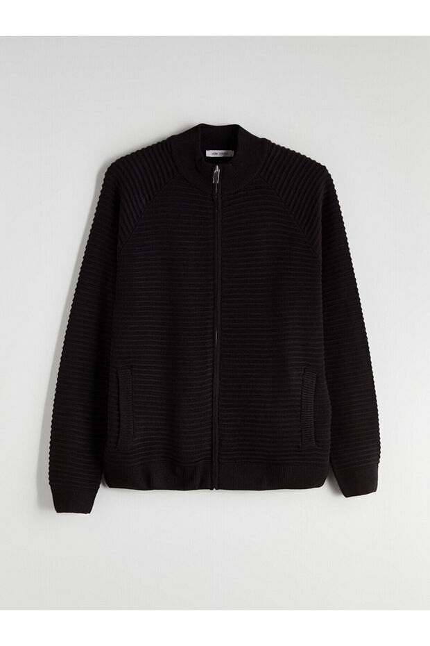 Black Stand Collar Men's Knitwear Cardigan with Pockets - 5