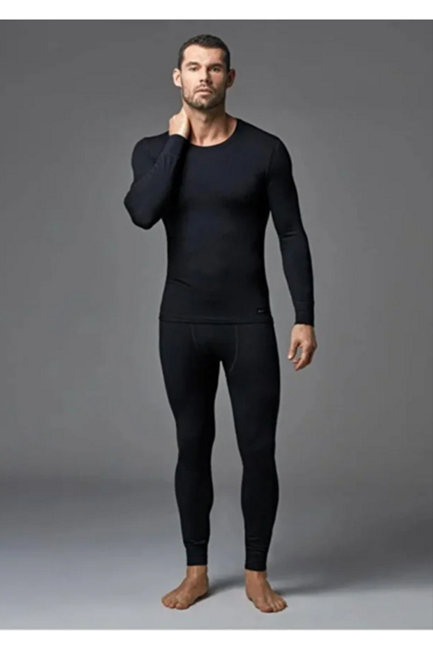 Tutku Men's Black Thermal Thermal Underwear Set with Raised Pattern on the Bottom and Top for Winter