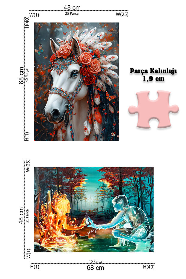 2 ADET 1000 PARÇA PUZZLE- ATEŞ VE SU VE ASİL AT - 2