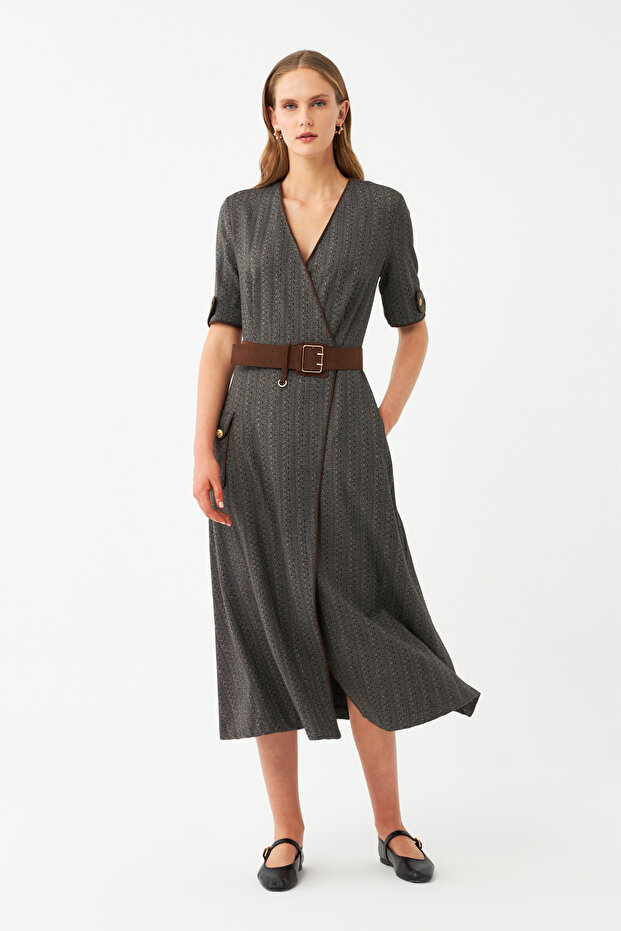 Desenli Kruvaze Midi Elbise - 3