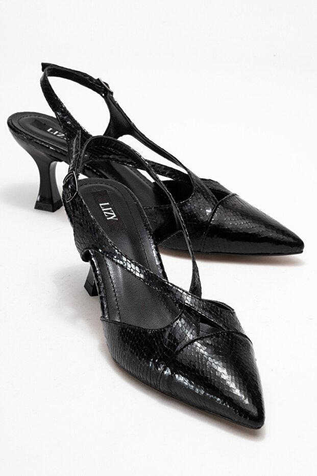 Black - Snake Pattern Women's Open-Back Heeled Shoes