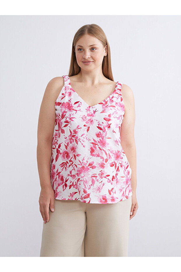 Pembe V Yaka Çiçekli Bluz - 2