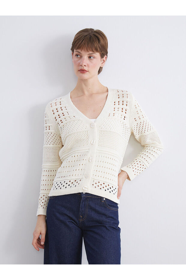 V Yaka Ajurlu Kadın Triko Hırka - 1