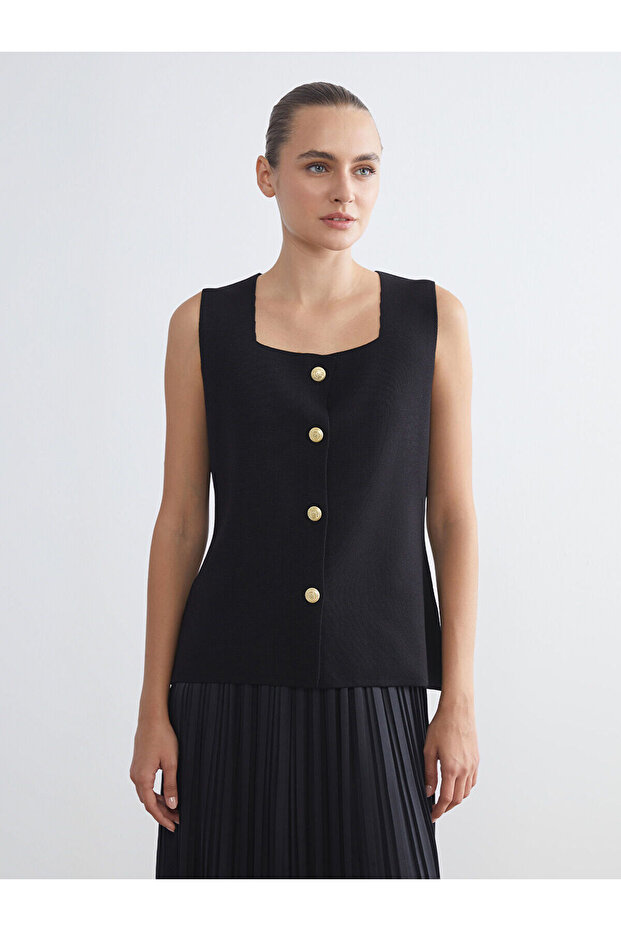 Kare Yaka Kadın Triko Yelek - 1