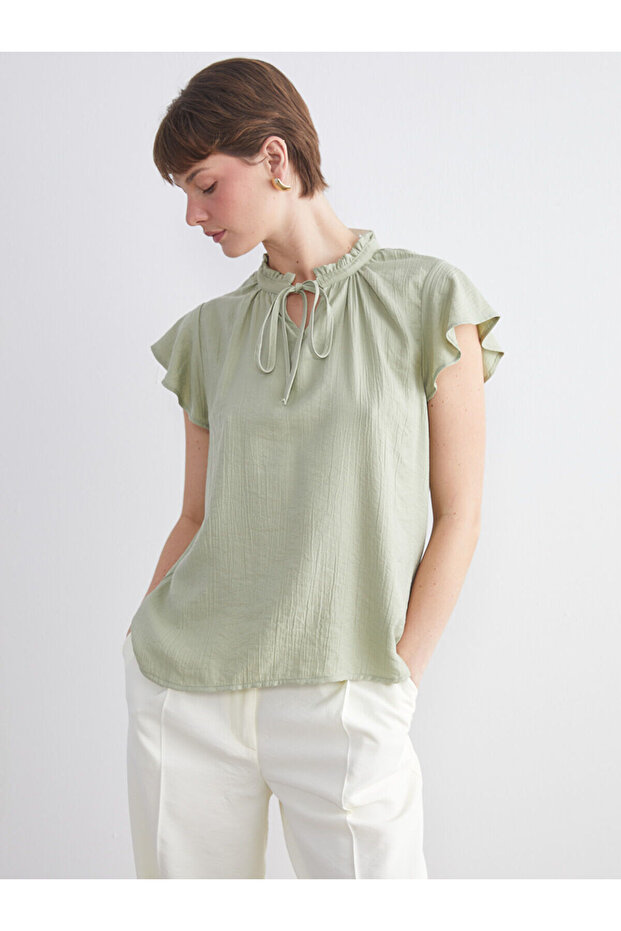 Green Tie-Neck Textured Blouse from Plus-Store