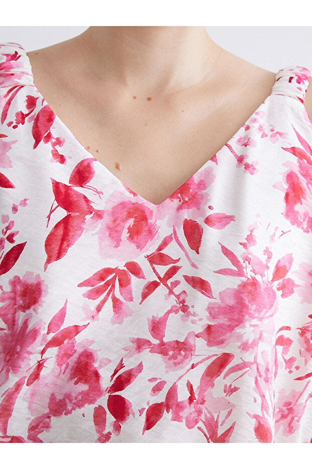 Pembe V Yaka Çiçekli Bluz - 4