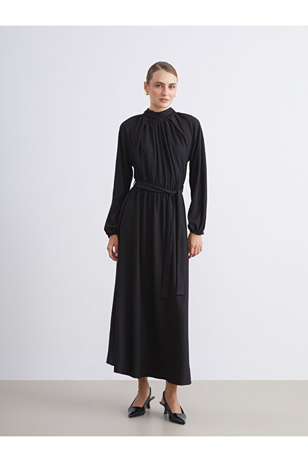 Two Mt Shop Quality Lcw Modest Black Crinkle Plain Loose & Wide Stand Collar Long Dress