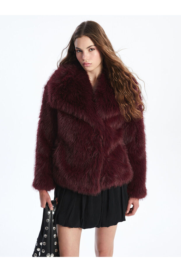 Burgundy Jacket Collar Women's Fur Coat