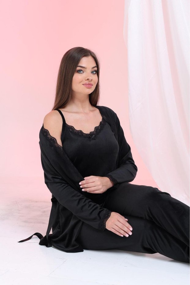 Women's 3-Piece Velvet Dressing Gown Pajama Set Dowry Set
