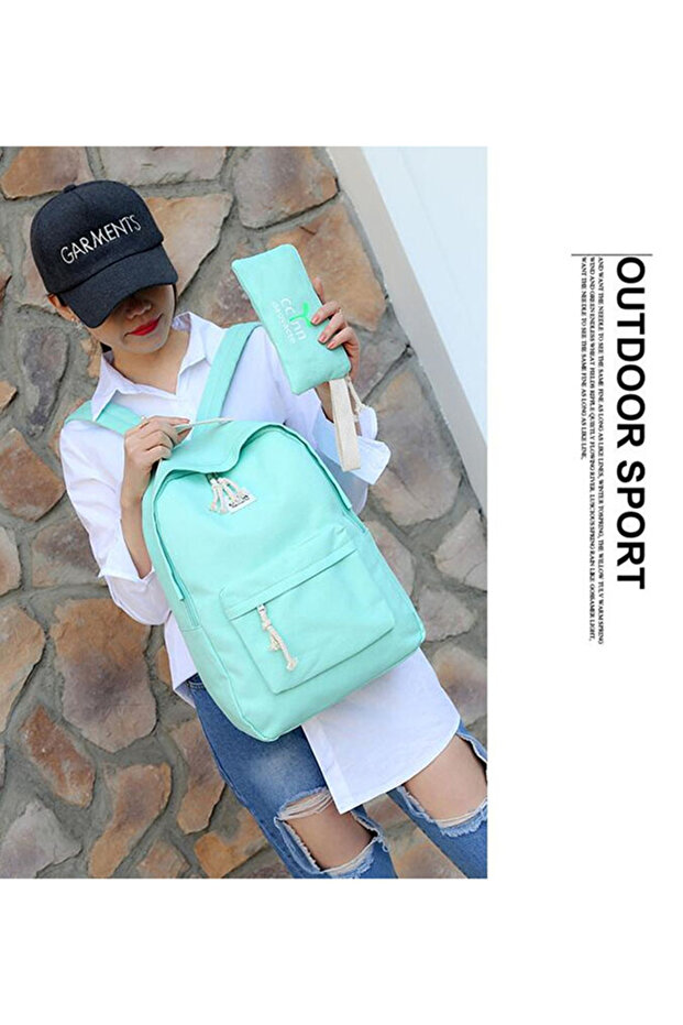 حقيبة ظهر خضراء مع أحزمة قابلة للتعديل وحقيبة - 3