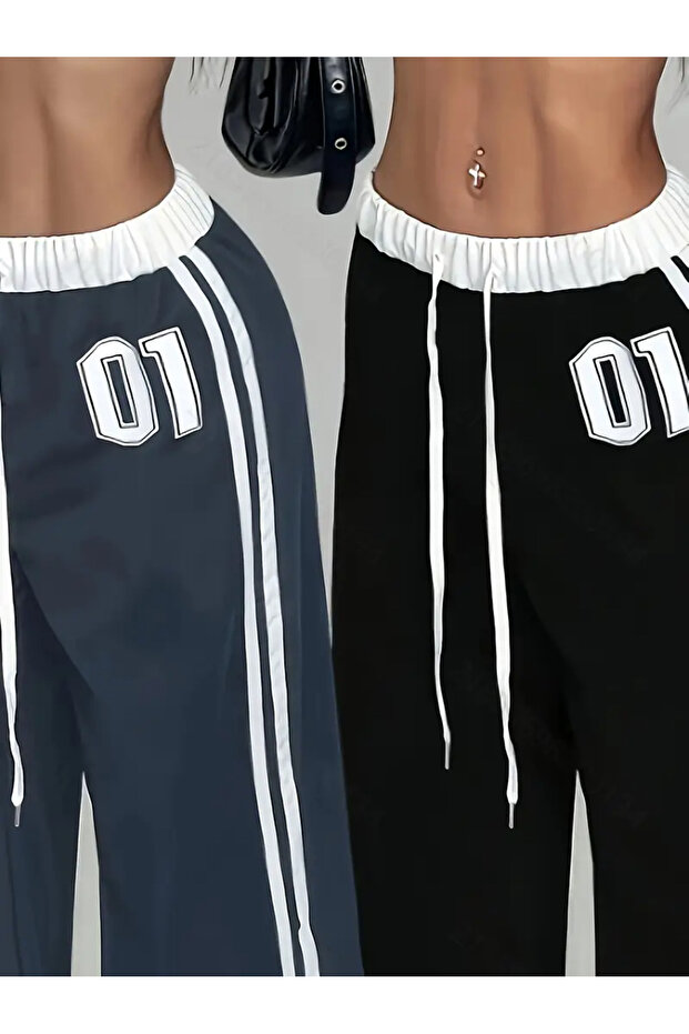 01 Number Oversize Bel İp Detaylı Lacivert Baggy Eşofman Altı - 3
