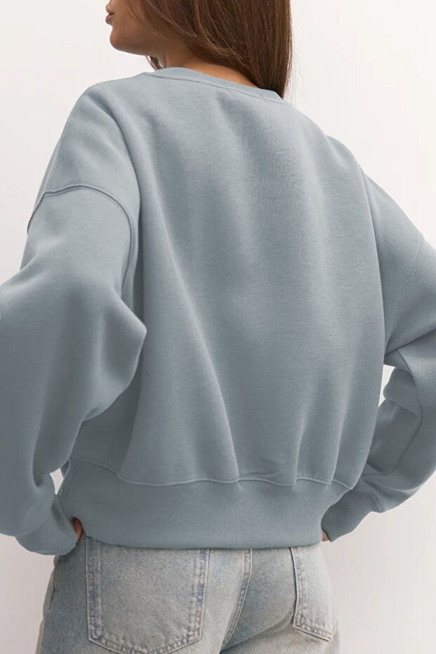Kadın Basic Oversize Kışlık Mavi Sweatshirt - 2