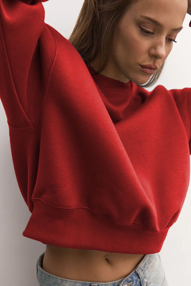 Kadın Basic Oversize Kışlık Bordo Sweatshirt - 6