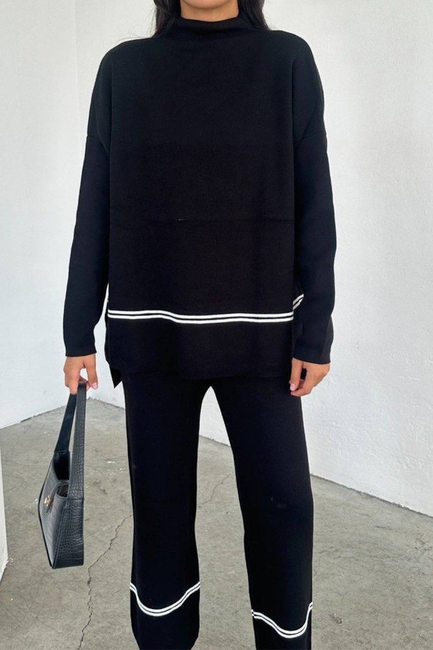 Women's Striped Stand Collar Long Sweater Wide Leg Pants Casual Knitwear Set