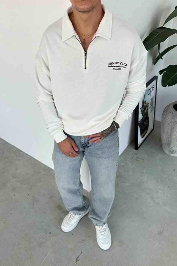 White Ow Embroidery Half Zipper Sweatshirt