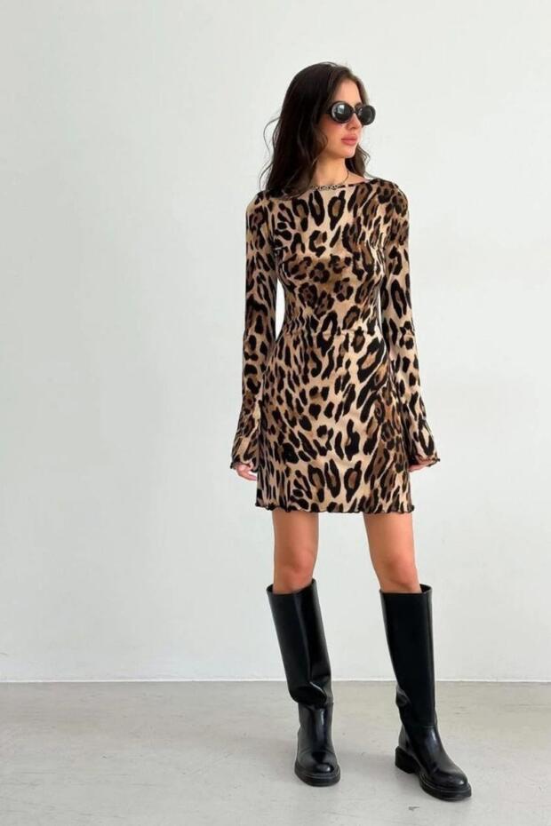 Diver Fabric Leopard Print Backless Mini Dress - 3