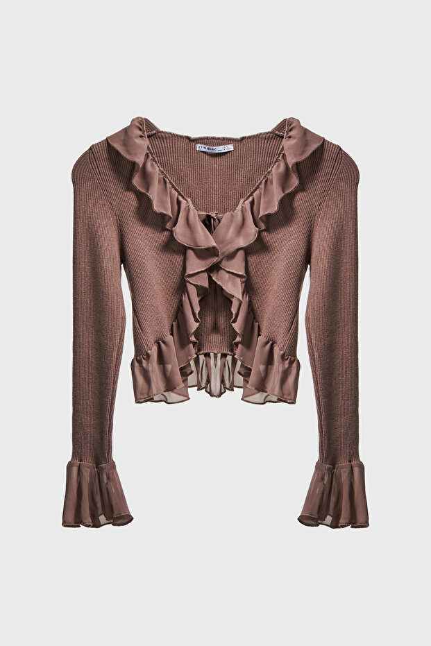 Kadın Taş Kahve Renk w5-82 BT25 Triko Örme Kumaş Şifon Detaylı Volanlı Hırka Bluz - 3