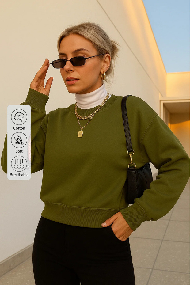 Kadın Basic Oversize Kışlık Haki Sweatshirt - 1