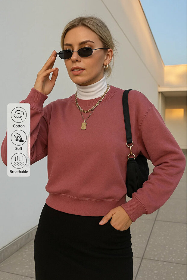 Kadın Basic Oversize Gül Kurusu Sweatshirt - 1