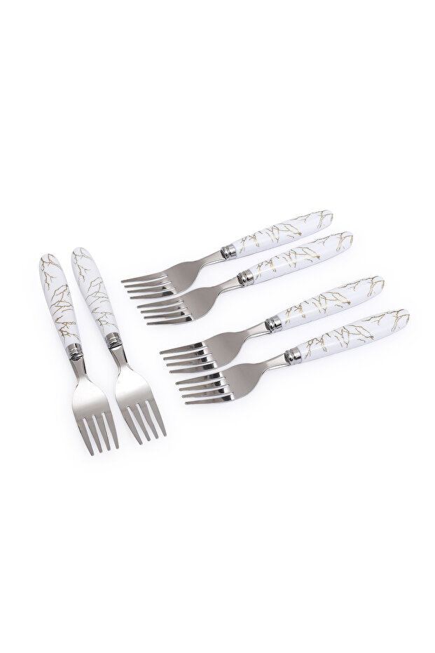 Stainless Steel Table Fork 6PCS – Marble Style White PP Handle, Durable Kitchen Cutlery,BB3228