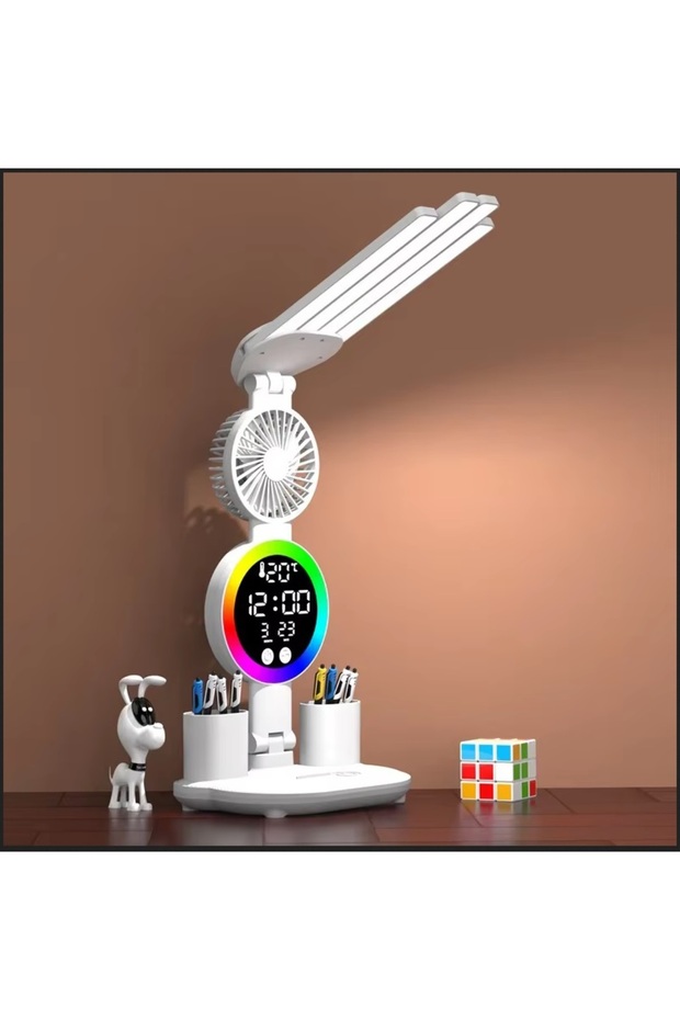 ÇOK FONKSİYOKLU MASA LAMBASI RGB LED IŞIKLI SAAT TAKVİM DERECE VANTİLATÖR KALEMLİK - 2