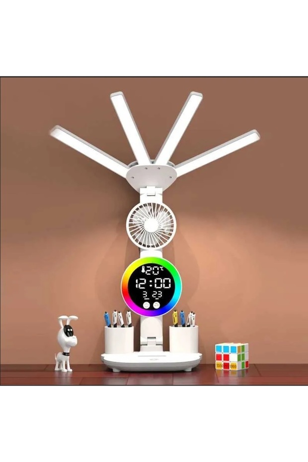 ÇOK FONKSİYOKLU MASA LAMBASI RGB LED IŞIKLI SAAT TAKVİM DERECE VANTİLATÖR KALEMLİK - 1