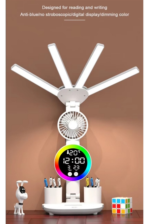 ÇOK FONKSİYOKLU MASA LAMBASI RGB LED IŞIKLI SAAT TAKVİM DERECE VANTİLATÖR KALEMLİK - 3