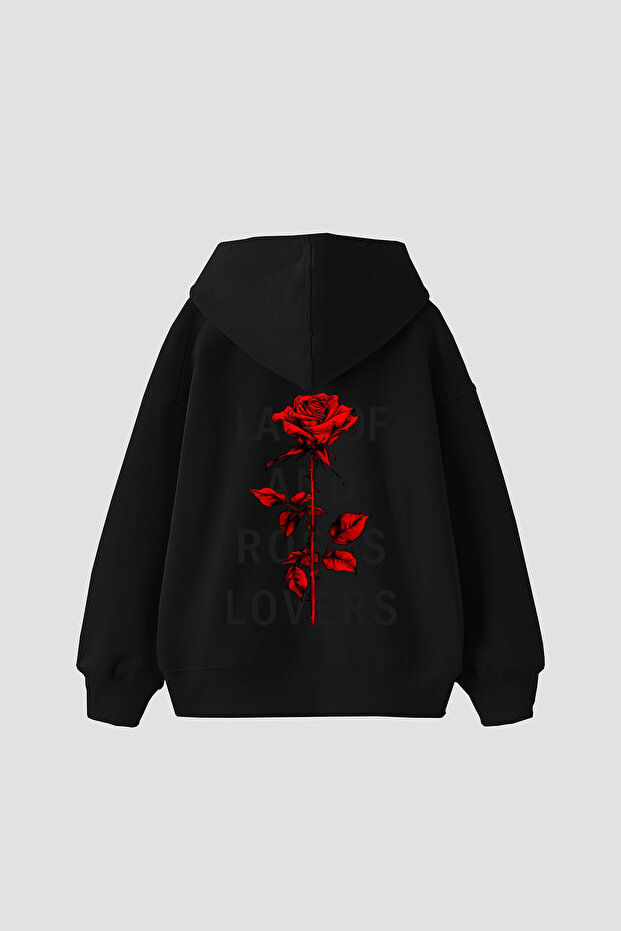 هودي أسود كبير الحجم مطبوع عليه عبارة Roses Lovers للجنسين