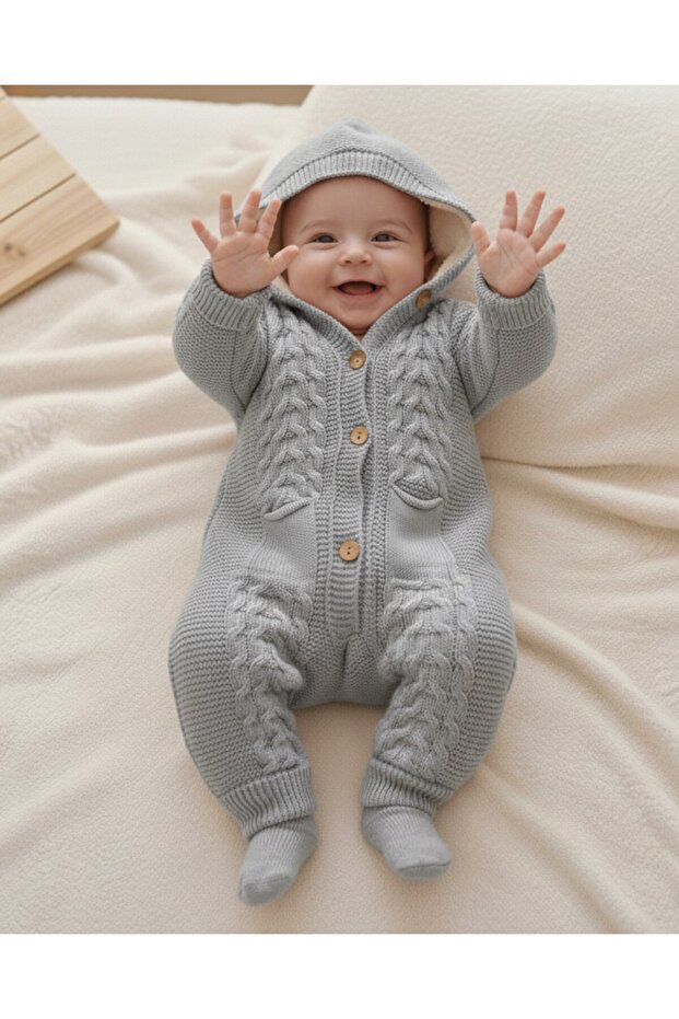 Winter Knitwear Baby Romper, Welsoft Inside, Buttoned, Hooded, Thick Plush Romper for 3-6-9-12 Months