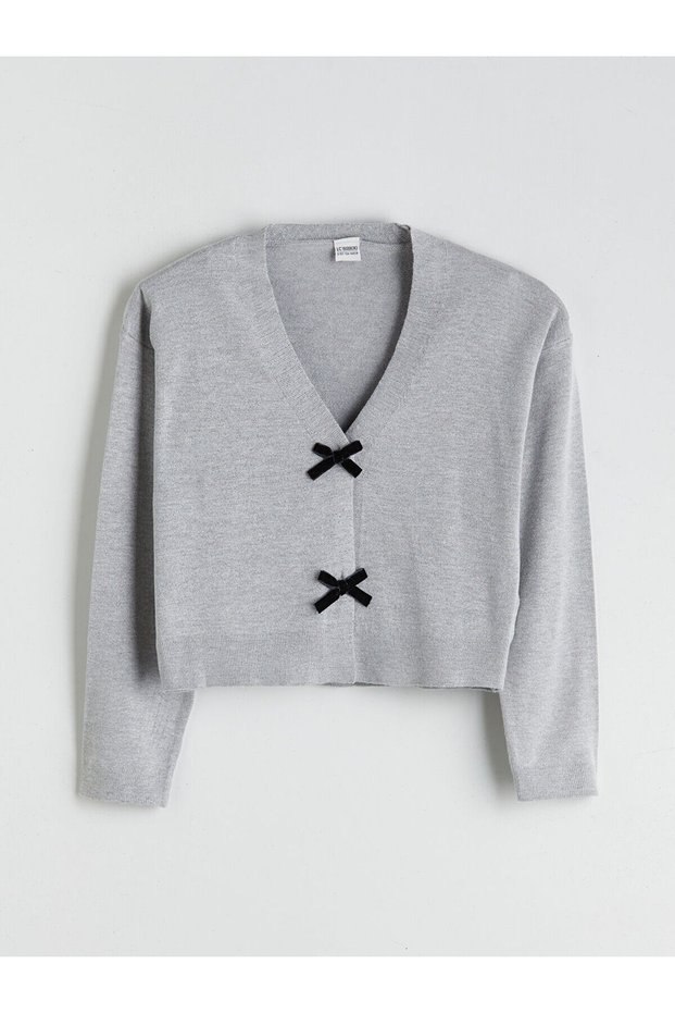 V-Neck Bow Detailed Girls' Knitwear Cardigan (W5)
