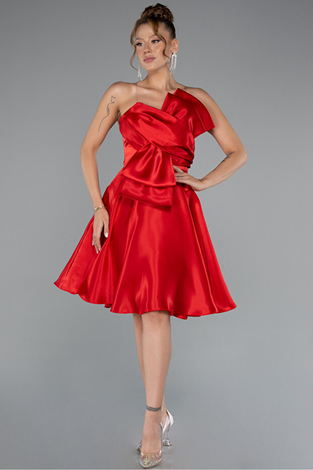 Kırmızı Straplez Kısa Saten Davet Elbisesi ABK2394 - 1