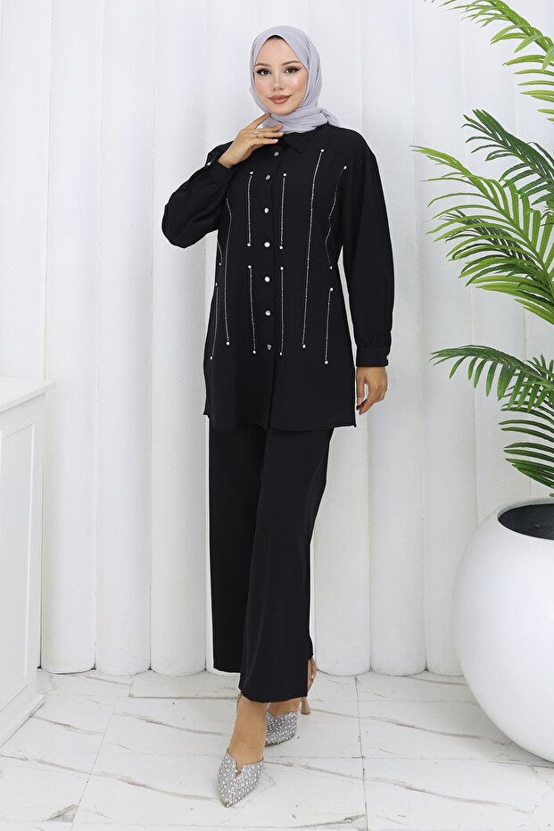 Stone Detailed Suit Black 19266