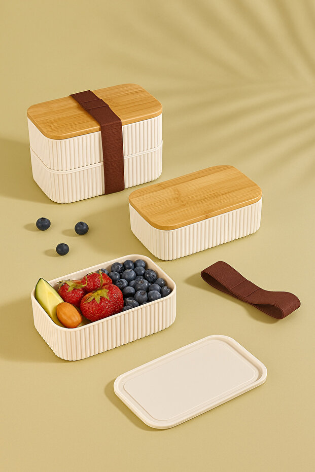 صندوق تخزين وطعام من طبقتين مع غطاء من الخيزران - علبة غداء بنتو