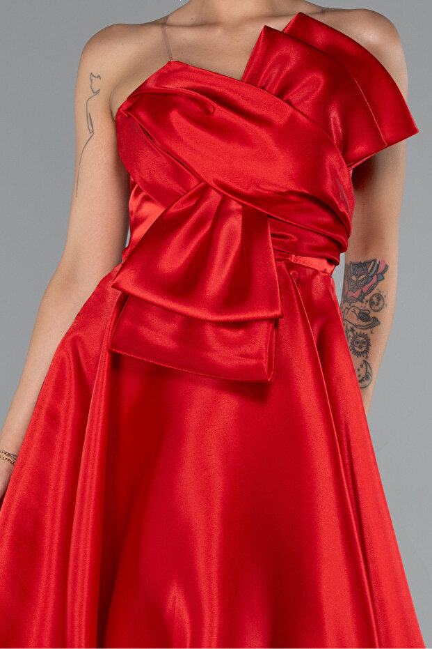 Kırmızı Straplez Kısa Saten Davet Elbisesi ABK2394 - 3