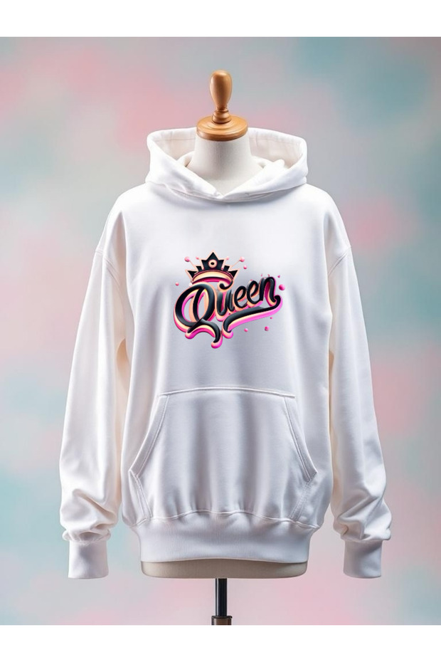 Queen Printed Cotton 3 Thread Oversize White Sweatshirt