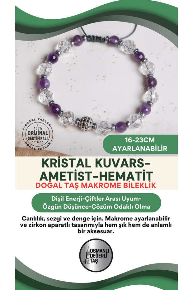 Certified Crystal Quartz-Amethyst-Hematite Natural Stone Macrame Adjustable Bracelet with Zircon Apparatus