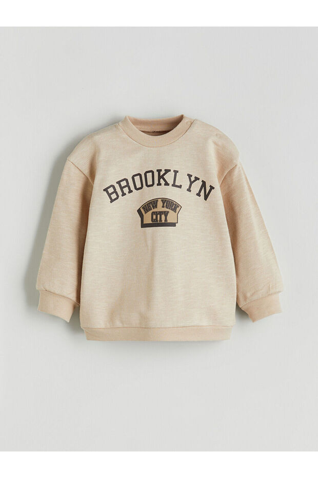 Bej Bisiklet Yaka Erkek Bebek Sweatshirt ve Eşofman Alt 2'li - 2