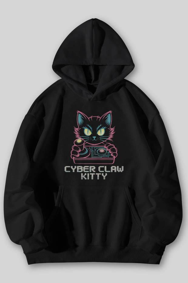 Cyber Claw Kitty Printed Unisex Black Gray Kangaroo Pocket Hooded Sweatshirt Hoodie