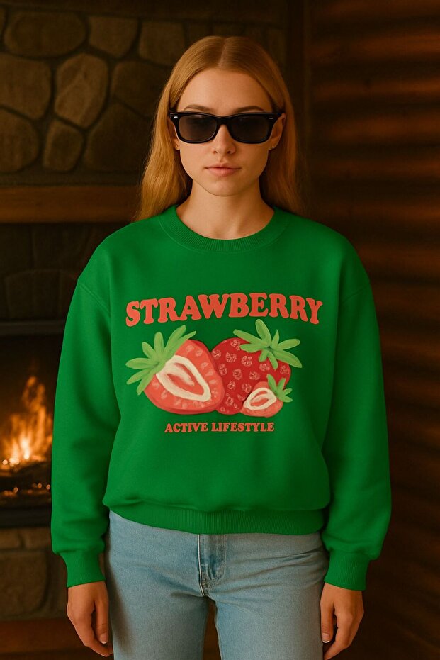 3 Yarn Combed Cotton Strawberry Printed Unisex Sweatshirt